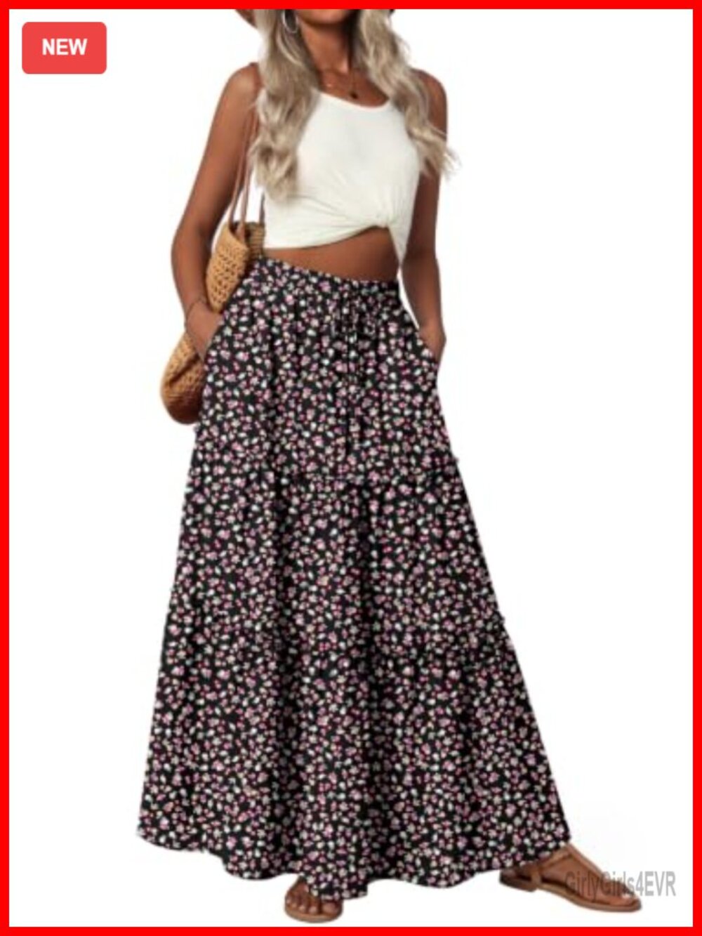 Women's Boho Maxi Skirt High Waist Tiered Ruffle Flowy Long Skirt with Pockets